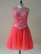 Best Mini Length Coral Red Prom Evening Gown Tulle Sleeveless Beading