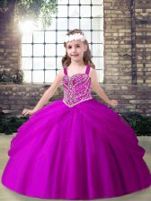 High End Floor Length Lace Up Pageant Gowns Fuchsia for Party and Sweet 16 and Wedding Party with Beading and Pick Ups