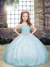 Best Floor Length Ball Gowns Sleeveless Light Blue Little Girl Pageant Gowns Lace Up