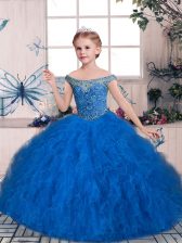  Blue Ball Gowns Off The Shoulder Sleeveless Tulle Floor Length Lace Up Beading and Ruffles Little Girls Pageant Dress Wholesale