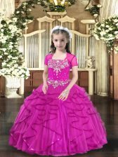 Glorious Fuchsia Straps Neckline Beading Little Girls Pageant Dress Wholesale Sleeveless Lace Up
