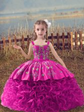  Fabric With Rolling Flowers Sleeveless Little Girl Pageant Gowns Sweep Train and Embroidery
