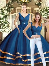  Floor Length Backless 15 Quinceanera Dress Navy Blue for Military Ball and Sweet 16 and Quinceanera with Beading and Ruffled Layers