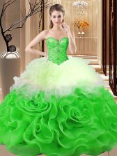 Custom Designed Multi-color Fabric With Rolling Flowers Lace Up 15 Quinceanera Dress Sleeveless Floor Length Beading and Ruffles