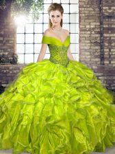 Glorious Olive Green Organza Lace Up Off The Shoulder Sleeveless Floor Length Sweet 16 Dress Beading and Ruffles