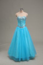  Beading Dress for Prom Aqua Blue Lace Up Sleeveless Floor Length