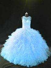 High Class Lace Up Sweet 16 Dresses Blue and Light Blue for Sweet 16 and Quinceanera with Appliques and Ruffles