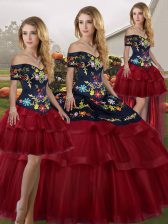 Sweet Wine Red Sleeveless Brush Train Embroidery and Ruffled Layers Sweet 16 Quinceanera Dress