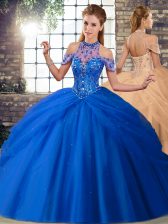  Lace Up Quinceanera Dresses Blue for Military Ball and Sweet 16 and Quinceanera with Beading and Pick Ups Brush Train
