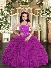 Affordable Sleeveless Floor Length Beading and Ruffles Lace Up Kids Pageant Dress with Fuchsia