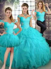  Beading and Ruffles Quinceanera Dresses Aqua Blue Lace Up Sleeveless Floor Length