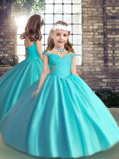 High Quality Floor Length Baby Blue Kids Formal Wear Straps Sleeveless Lace Up
