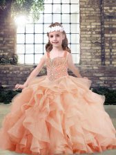  Floor Length Side Zipper Kids Pageant Dress Peach for Prom and Party and Wedding Party with Beading and Ruffles