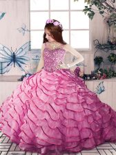 New Arrival Pink Sleeveless Organza Court Train Lace Up Little Girls Pageant Dress for Party and Military Ball and Wedding Party