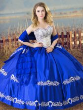  Floor Length Lace Up Sweet 16 Dress Royal Blue for Sweet 16 and Quinceanera with Beading and Embroidery