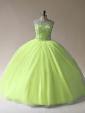 Low Price Sleeveless Tulle Floor Length Lace Up Ball Gown Prom Dress in Yellow Green with Beading