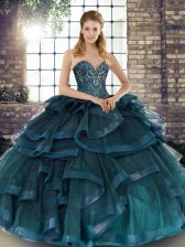Edgy Teal Ball Gowns Tulle Sweetheart Sleeveless Beading and Ruffles Floor Length Lace Up Quinceanera Dresses