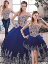 Super Royal Blue Three Pieces Embroidery Quinceanera Dress Lace Up Tulle Sleeveless Floor Length