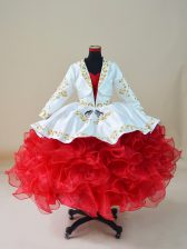 Charming White And Red Sleeveless Embroidery and Ruffles Floor Length Little Girls Pageant Dress Wholesale