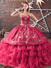 Admirable Red Lace Up Sweetheart Embroidery and Ruffled Layers Sweet 16 Dress Satin and Organza Sleeveless