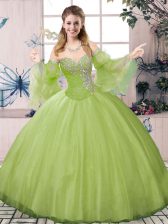 Sweet Olive Green Ball Gowns Tulle Sweetheart Long Sleeves Beading Floor Length Lace Up Quinceanera Gowns