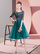  Teal Half Sleeves Embroidery Knee Length Quinceanera Court Dresses