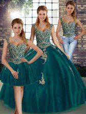 Top Selling Floor Length Lace Up Quinceanera Dresses Peacock Green for Military Ball and Sweet 16 and Quinceanera with Beading and Appliques