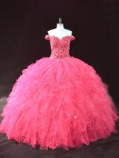  Beading and Ruffles Sweet 16 Dress Hot Pink Lace Up Sleeveless Floor Length