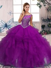  Purple Ball Gowns Scoop Sleeveless Organza Floor Length Zipper Beading and Ruffles 15th Birthday Dress