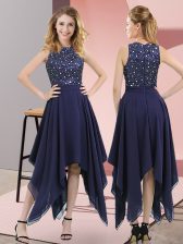 Top Selling Navy Blue Empire High-neck Sleeveless Chiffon Asymmetrical Zipper Beading and Sequins Prom Party Dress