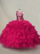Perfect Organza Sweetheart Sleeveless Lace Up Ruffles and Sequins 15th Birthday Dress in Hot Pink