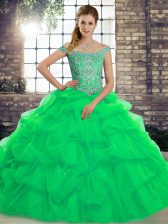 Graceful Tulle Off The Shoulder Sleeveless Brush Train Lace Up Beading and Pick Ups Quinceanera Gowns in Green
