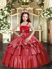 Enchanting Red Lace Up Straps Beading and Ruffled Layers Little Girl Pageant Gowns Taffeta Sleeveless