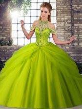 Noble Olive Green Lace Up Quinceanera Dress Beading and Pick Ups Sleeveless Brush Train