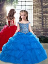  Floor Length Ball Gowns Sleeveless Blue Little Girls Pageant Dress Lace Up