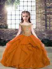  Orange Ball Gowns Organza and Tulle Off The Shoulder Sleeveless Beading Floor Length Lace Up Little Girls Pageant Dress