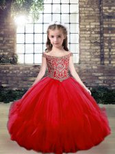  Off The Shoulder Sleeveless Lace Up Little Girls Pageant Dress Wholesale Red Tulle