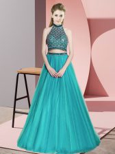  Teal Two Pieces Beading Prom Dresses Backless Tulle Sleeveless Floor Length