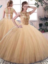 Delicate Gold Sleeveless Tulle Lace Up Quinceanera Gown for Military Ball and Sweet 16 and Quinceanera