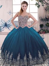 Super Floor Length Blue 15th Birthday Dress Tulle Sleeveless Beading and Appliques