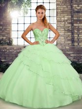 Clearance Yellow Green Ball Gowns Beading and Ruffled Layers Quinceanera Gown Lace Up Tulle Sleeveless
