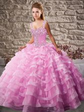  Pink Ball Gowns Organza Straps Sleeveless Beading and Ruffled Layers Floor Length Lace Up 15 Quinceanera Dress Court Train