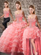 New Style Watermelon Red Sweet 16 Dresses Straps Sleeveless Court Train Lace Up