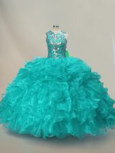 Custom Made Aqua Blue Lace Up Quinceanera Gown Beading and Ruffles Sleeveless Floor Length