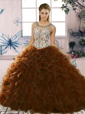 Flare Brown Lace Up Quince Ball Gowns Beading and Ruffles Sleeveless Floor Length