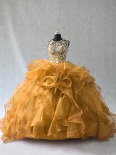  Gold Organza Lace Up Sweet 16 Dresses Sleeveless Floor Length Beading and Ruffles