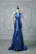  Mermaid Sleeveless Blue Prom Party Dress Brush Train Criss Cross