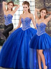 Lace Up 15th Birthday Dress Blue for Military Ball and Sweet 16 and Quinceanera with Beading Brush Train