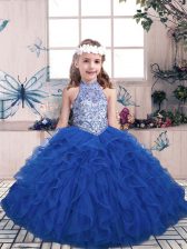 Stunning Floor Length Lace Up Pageant Gowns For Girls Blue for Party and Military Ball and Wedding Party with Beading and Ruffles