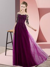 Free and Easy Fuchsia Lace Up Quinceanera Dama Dress Beading and Lace Half Sleeves Floor Length